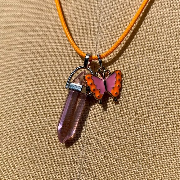Hand Crafted Jewelry - Handmade Dagger Light Pink Resin Crystal Amulet Necklace & Butterfly Charm